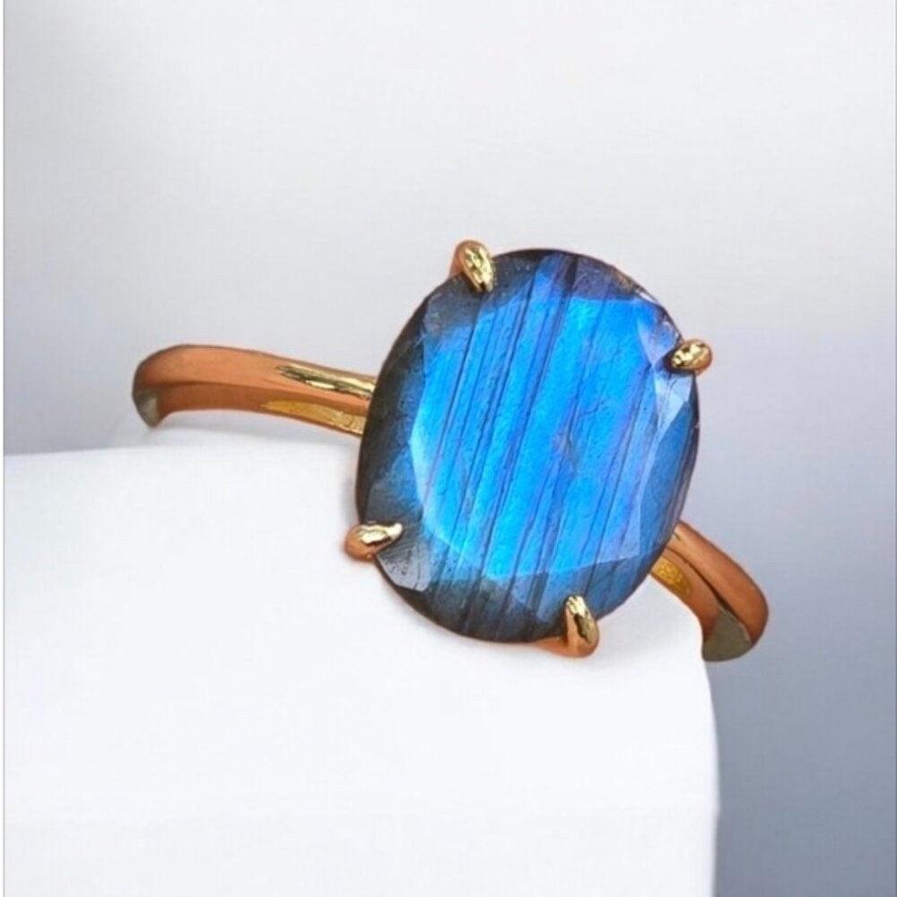925 Sterling Silver 14K Gold Plated Ring SZ 7.75 with Natural Labradorite Gem